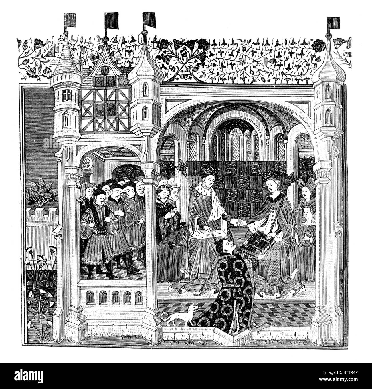 John Talbot Conte di Shrewsbury presentando un libro a Margherita di Angiò e di Re Enrico VI 1445; Bianco e Nero illustrazione; Foto Stock