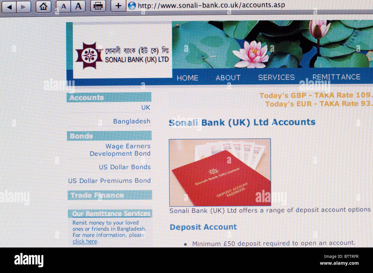Screenshot di Sonali Bank UK internet banking website Foto Stock