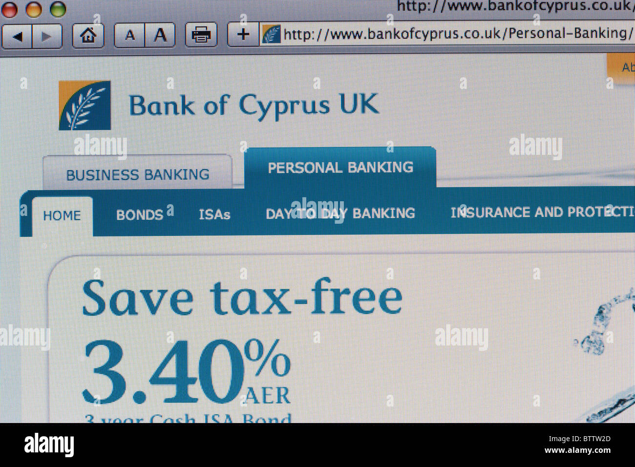 Screenshot della banca di Cipro UK internet banking website Foto Stock