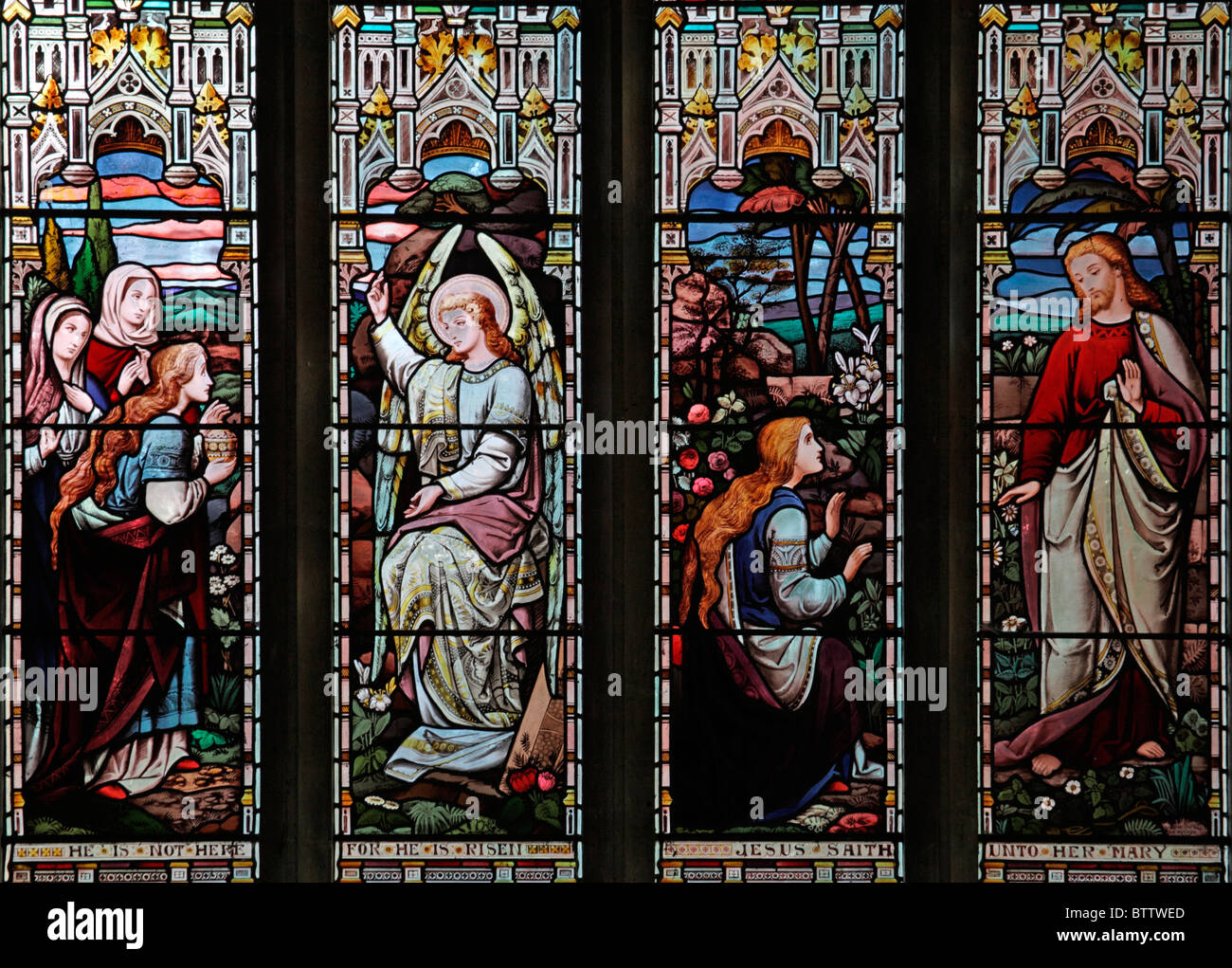 Una vetrata raffigurante la risurrezione storie, Chiesa parrocchiale di St Aldhelm, Bishopstrow, Wiltshire, Inghilterra Foto Stock