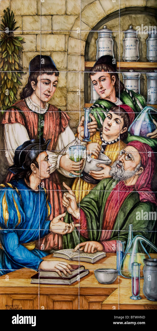 Siviglia Spagna Andalusia farmacia vecchie piastrelle Piastrelle segno di annuncio Foto Stock