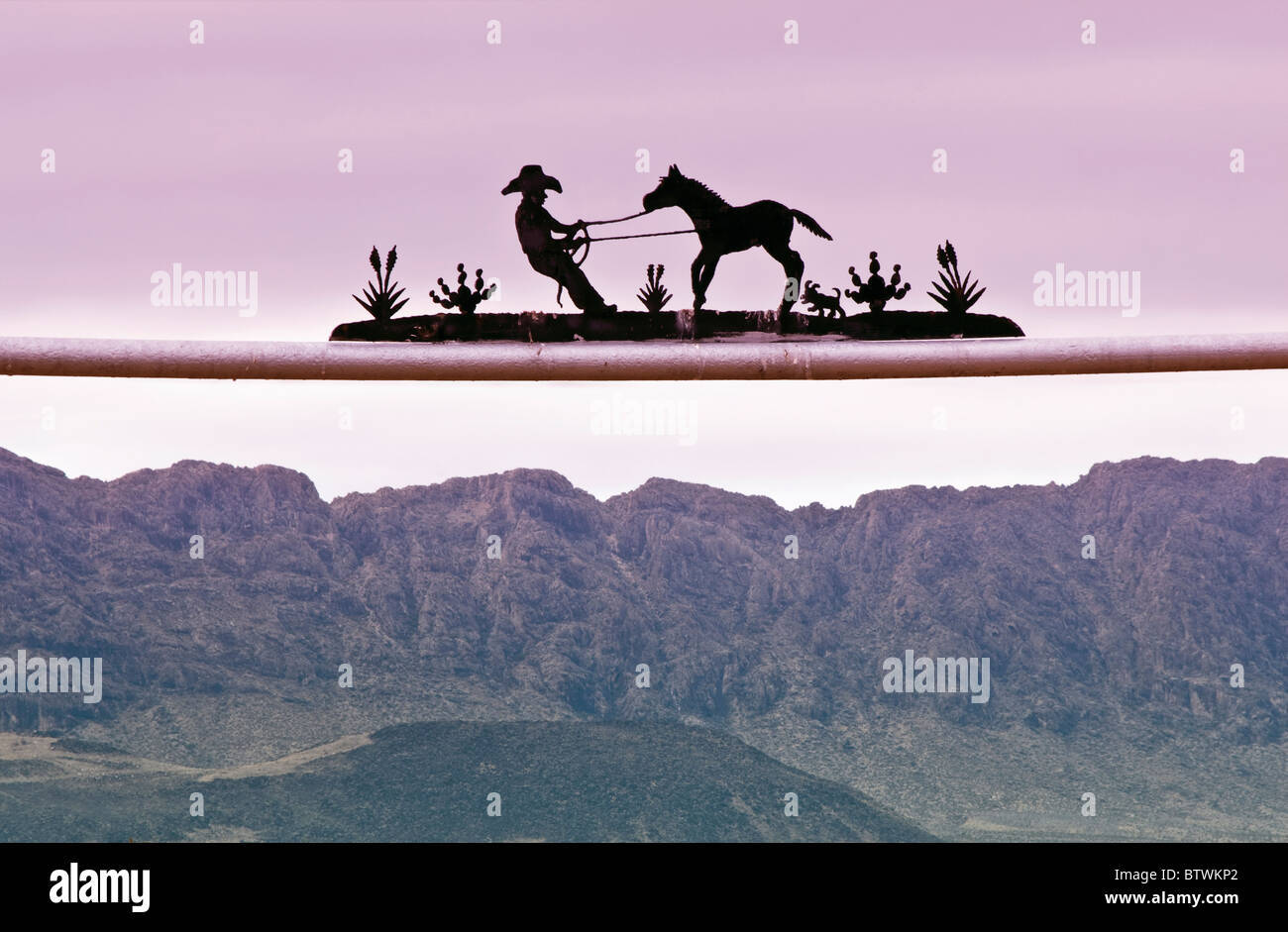 Ferro battuto ranch segno a cancello vicino presidio, Texas, Stati Uniti d'America con la Sierra grande massiccio in tutta Rio Grande in Messico in distanza Foto Stock