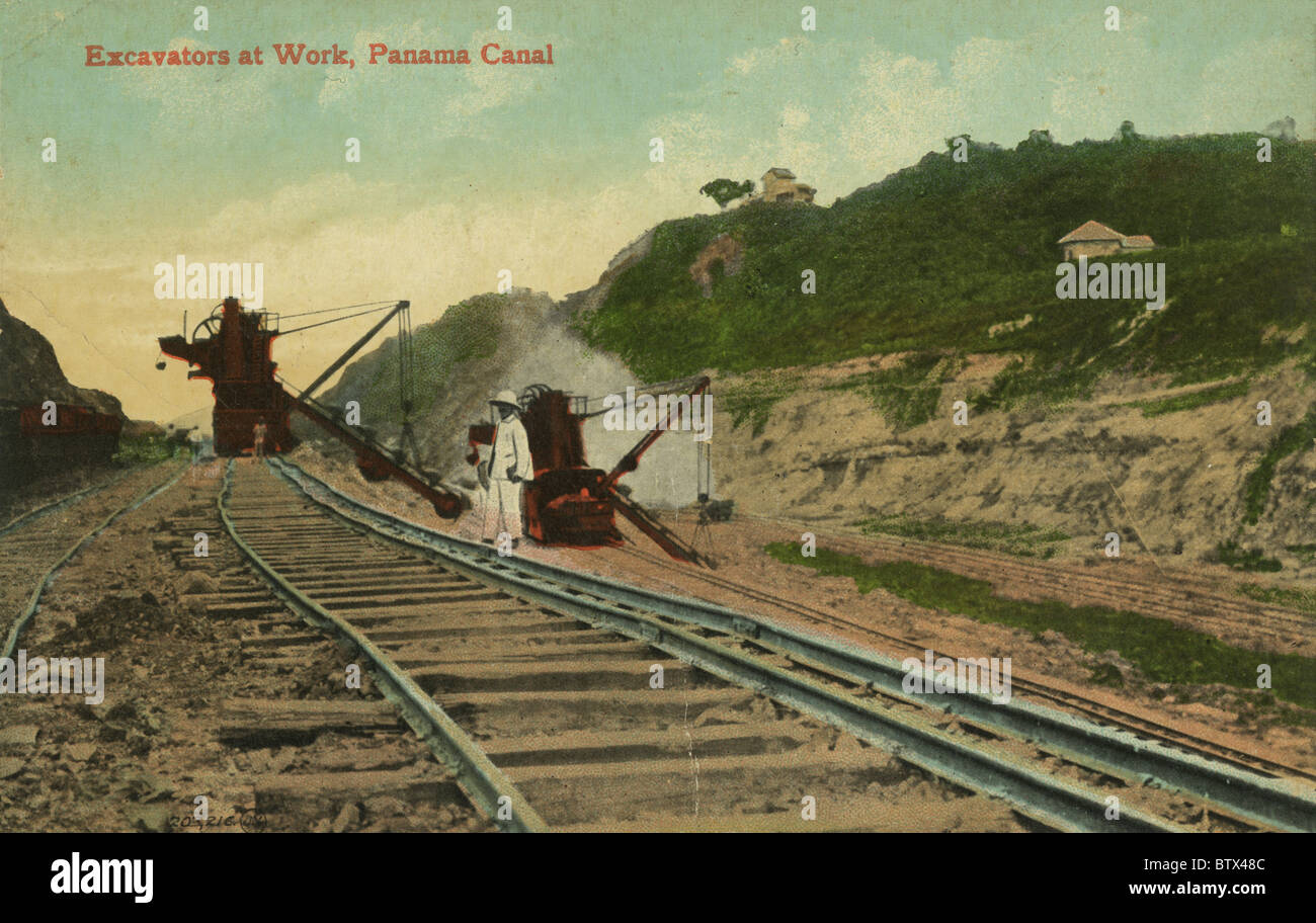 Circa 1910 cartolina, escavatori al lavoro, sul Canale di Panama. Foto Stock