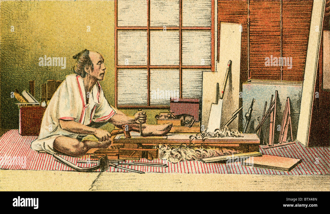 Circa 1900 litografia di un giapponese di bottega del falegname. Foto Stock