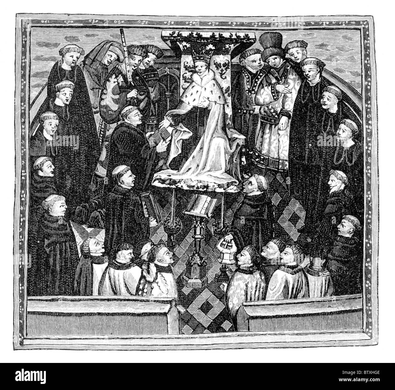 John Lydgate presentando il suo libro " La vita dei santi Edmund e Fremund' al re Enrico VI; Bury St Edmunds, 1433 Foto Stock