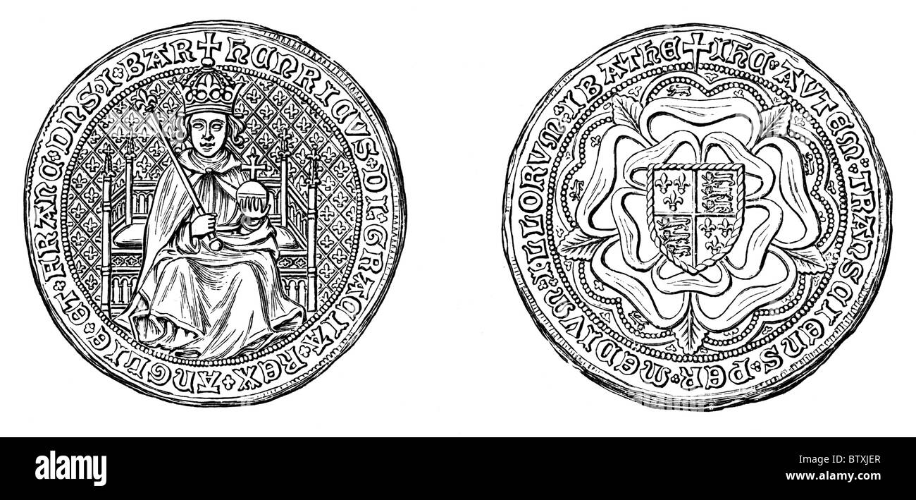 Sovrano Coin rilasciati durante il regno del re Enrico VII; Bianco e Nero illustrazione; Foto Stock