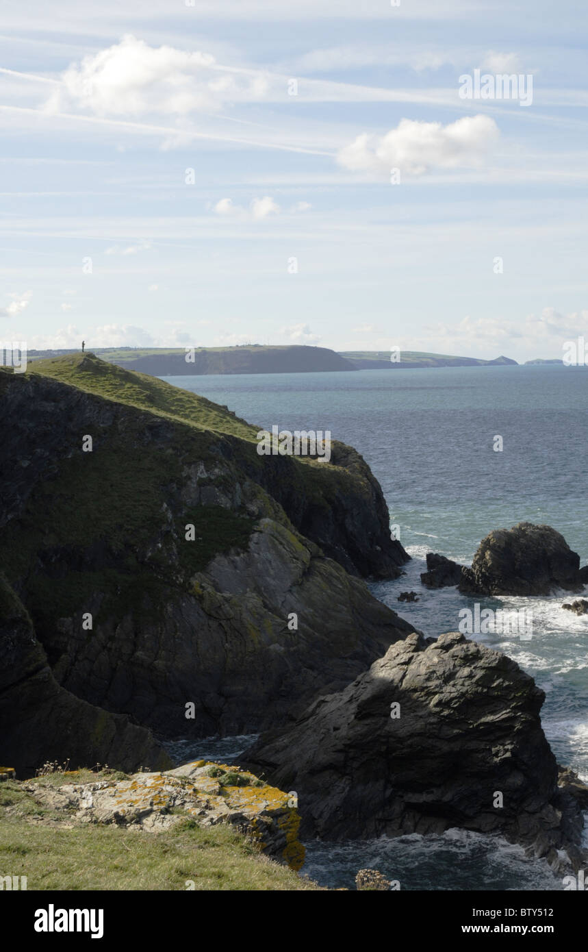 La figura su una scogliera a Llangranog, Ceredigion, metà del Galles. Guardando a Sud di Mwnt e Cardigan isola. Foto Stock