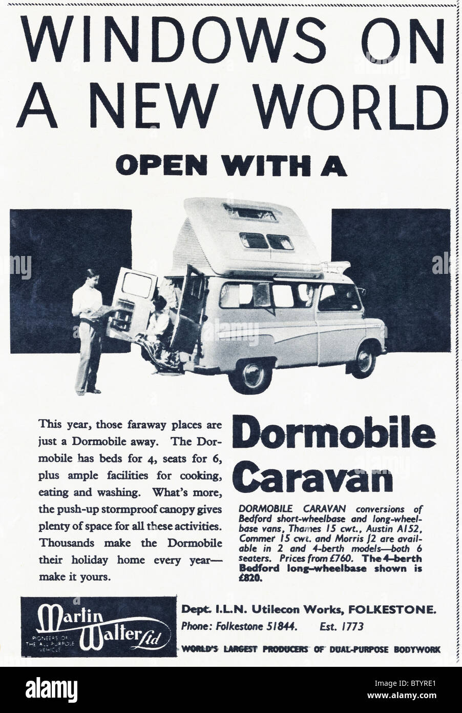 Annuncio nella rivista inglese circa 1960 per Dormobile conversioni caravan Foto Stock