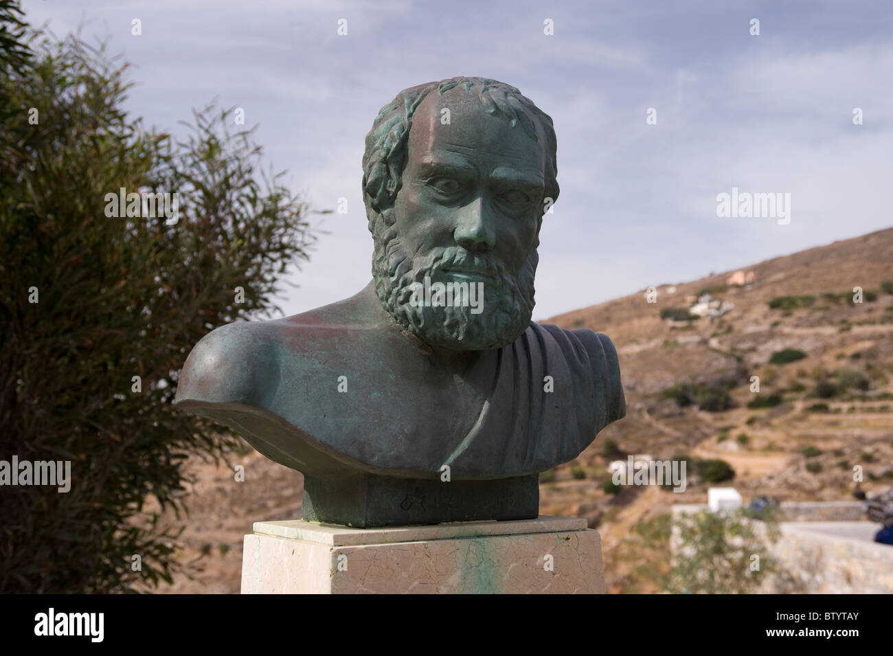 Busto del filosofo Pherecydes in Ano Syros sul Greco Cyclade isola di Syros. Foto Stock