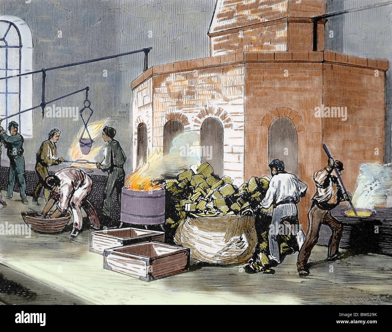 La casa di menta. Lavoratori per la fusione di oro paste. Incisione colorata dal 1872. Spagna. Foto Stock
