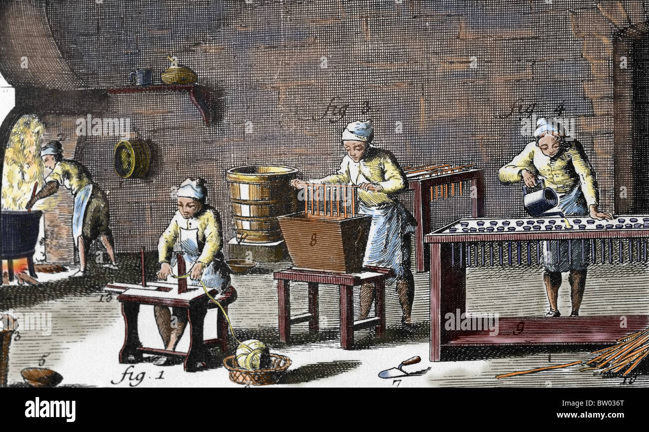 Laboratorio artigianale di candele. Incisione del XVIII secolo in "Encyclopedie Diderot et d'Alembert". Colorati. Foto Stock