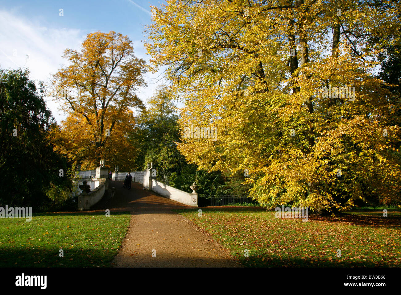 Foglie di autunno con il classico ponte in Chiswick House Gardens, Chiswick, London, Regno Unito Foto Stock