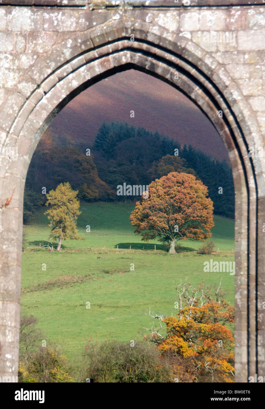 Vista attraverso il passaruota Llanthony Priory agli alberi di colore di autunno Monmouthshire South Wales UK Foto Stock