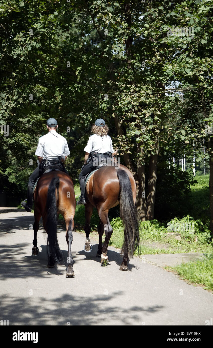 Ci sono due poliziotti su cavalli in posizione di parcheggio Foto Stock