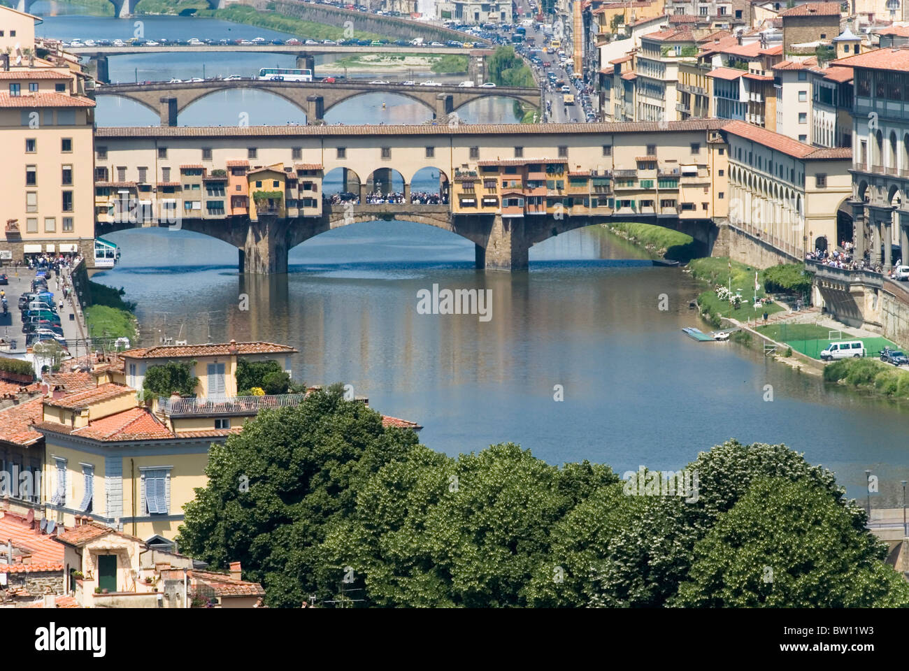 Fiume Arno e Ponte Vecchio, Firenze, Italia, Europa Foto Stock