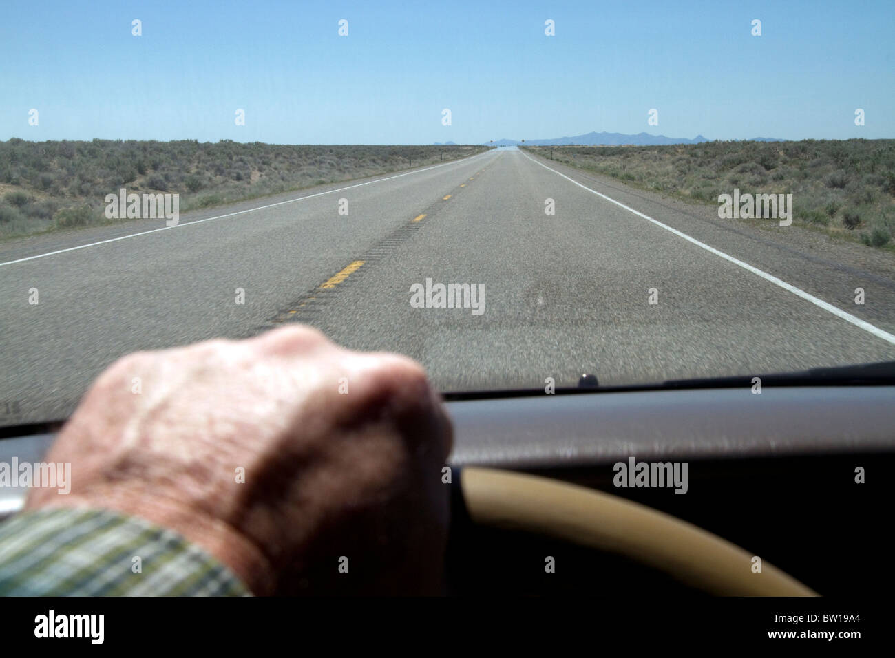 Driver mano sul volante di un automobile, Oregon, Stati Uniti d'America. Foto Stock