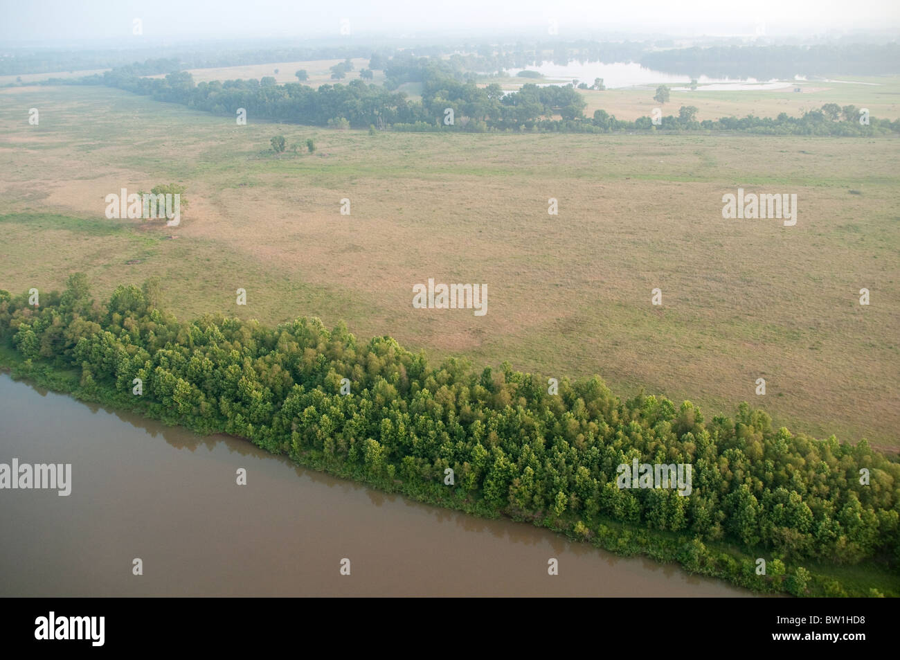 Una vista aerea di pascoli in parte boschivi accanto al Fiume Rosso del Sud, vicino alla città di Shreveport, nella Louisiana Settentrionale, Stati Uniti. Foto Stock