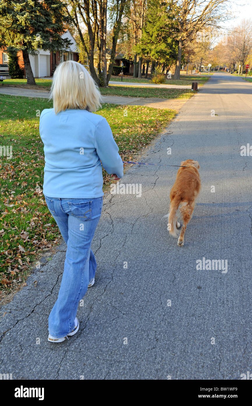 Una donna ottenendo il suo esercizio quotidiano a piedi un cane Foto Stock