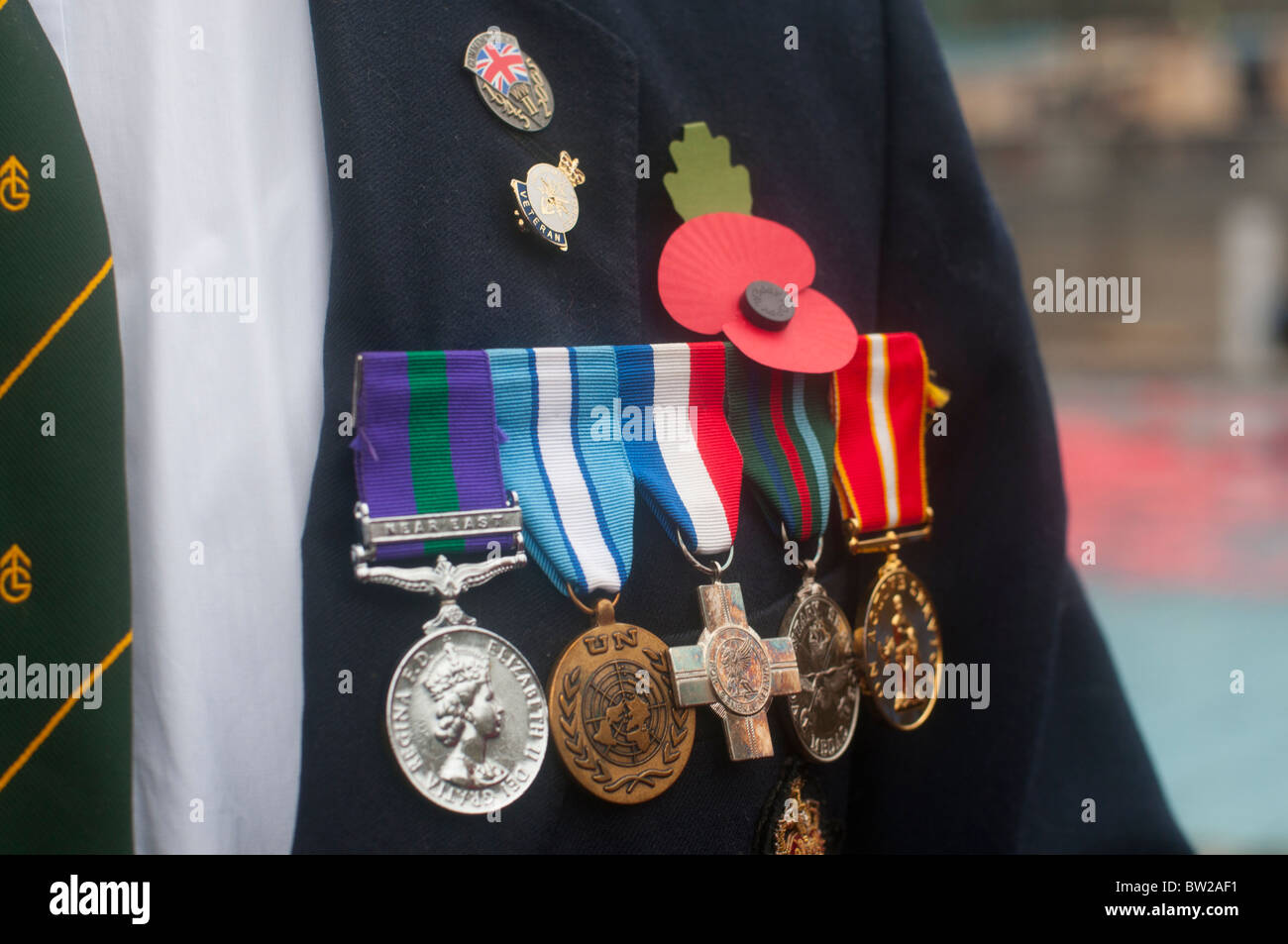 11 novembre 2010. Giorno del Ricordo Trafalgar Square. Close up di medaglie sul veterano dei Caraibi Foto Stock