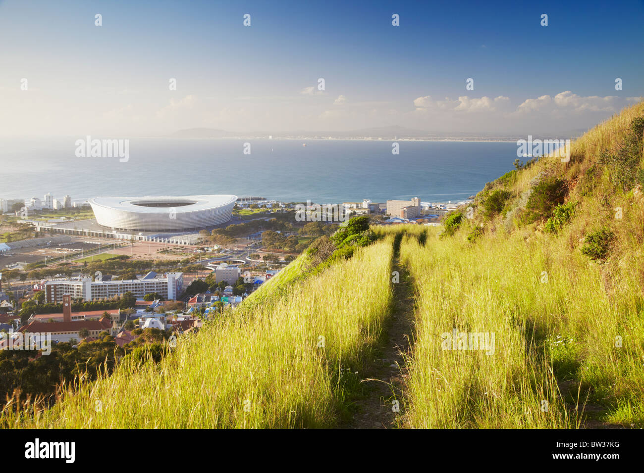 Vista di stadio Green Point da Signal Hill, Cape Town, Western Cape, Sud Africa Foto Stock