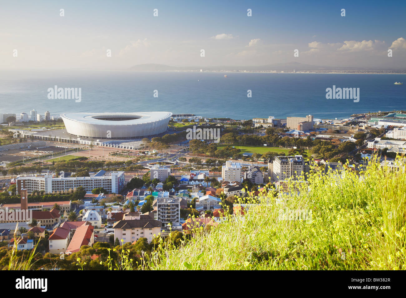 Vista di stadio Green Point da Signal Hill, Cape Town, Western Cape, Sud Africa Foto Stock