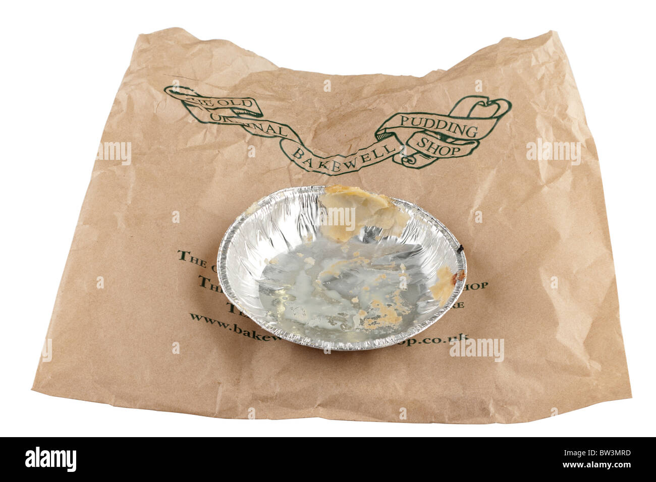 Svuotare Bakewell pudding shop borsa vuota e lamina d'argento pudding vassoio Foto Stock