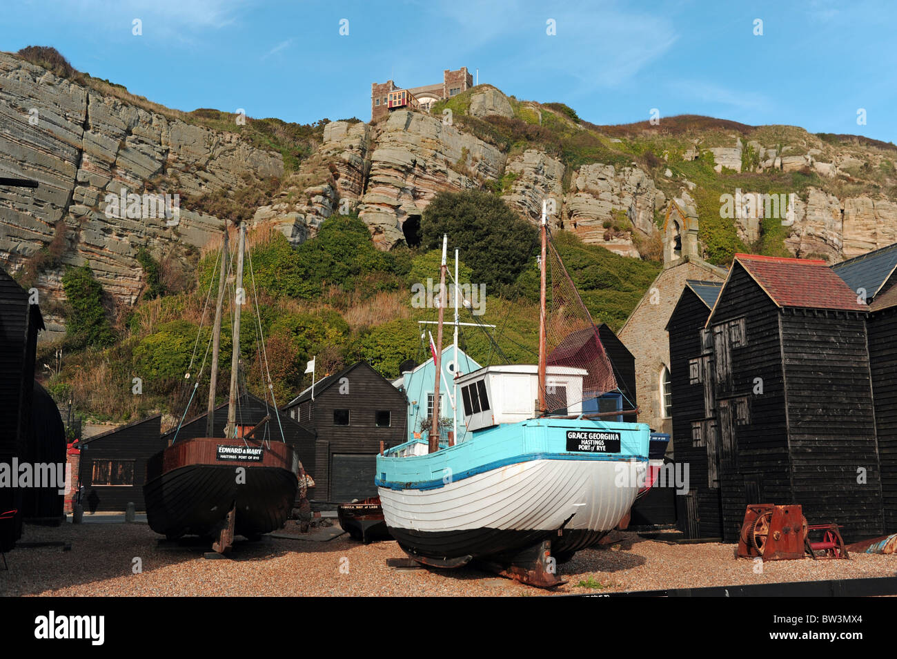 Il vecchio quartiere di pesca del Stade Hastings East Sussex Regno Unito città costiera Foto Stock