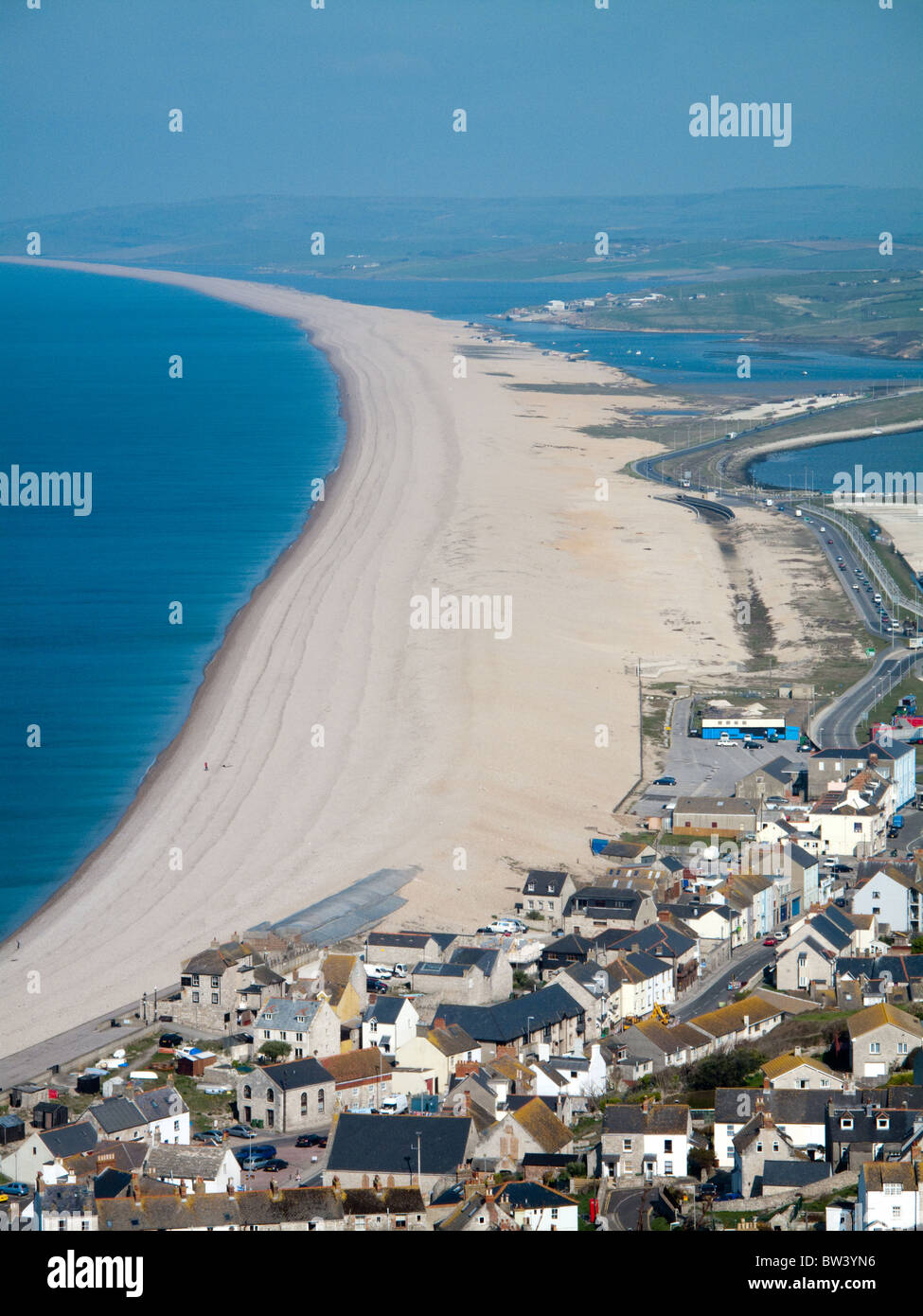 Vista da Portland di Chesil Beach, Weymouth Dorset, Foto Stock