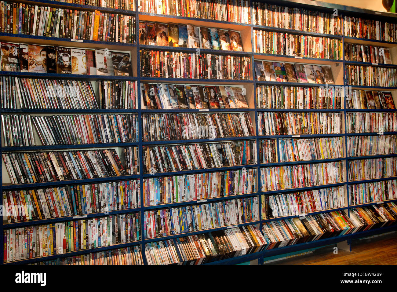 Telaio completo di righe di DVD nel video store o la libreria Foto Stock
