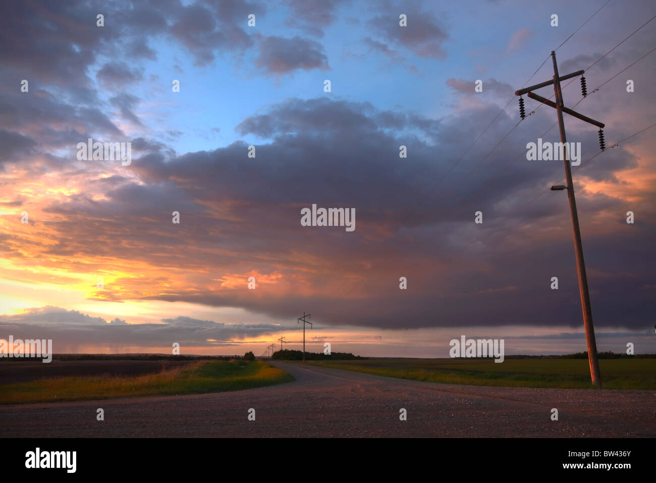 Strade di ghiaia e hydro linee durante una serata estiva sulle praterie di Alberta Foto Stock