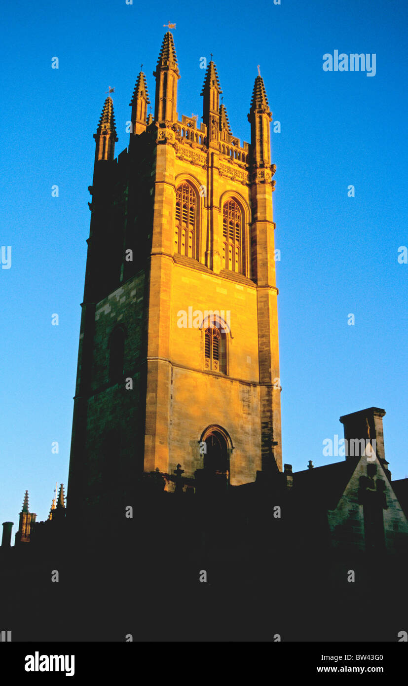 Il sole d'inverno sulla torre di Magdalen College di Oxford, Inghilterra Foto Stock