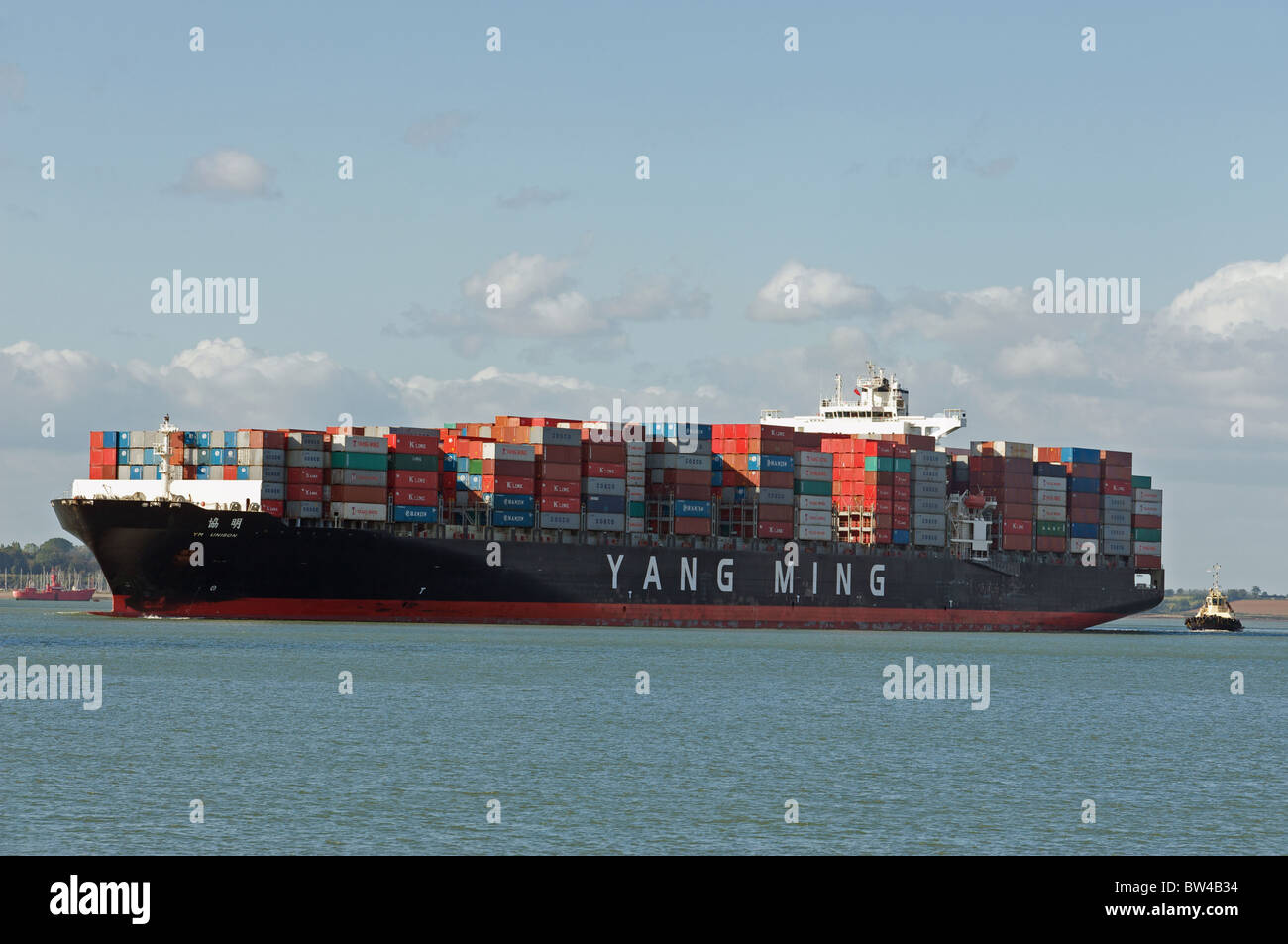 Yang Ming nave portacontainer, porto di Felixstowe, Suffolk, Regno Unito. Foto Stock