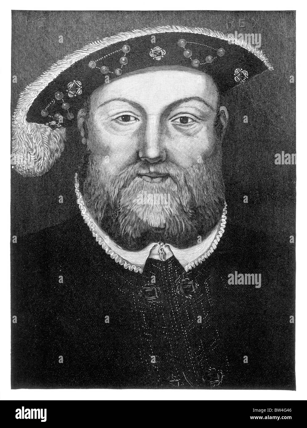 Incisione di Re Enrico VIII d'Inghilterra; dopo la verniciatura da Holbein; Bianco e Nero illustrazione; Foto Stock