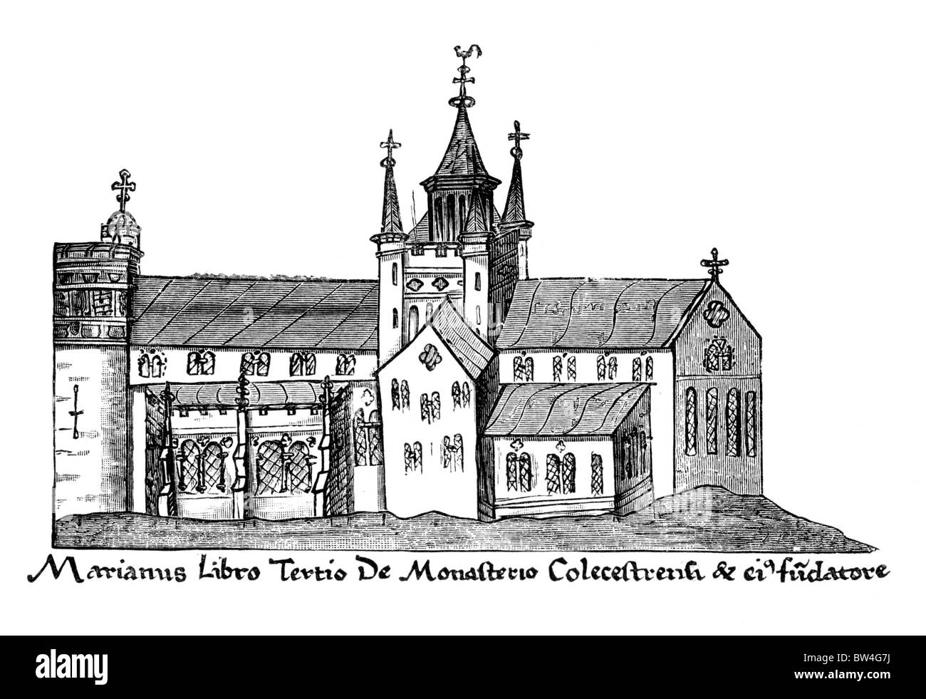 Colchester Chiesa Abbaziale al tempo di Re Enrico VIII e prima della dissoluzione; xvi secolo; Bianco e Nero illustrazione; Foto Stock