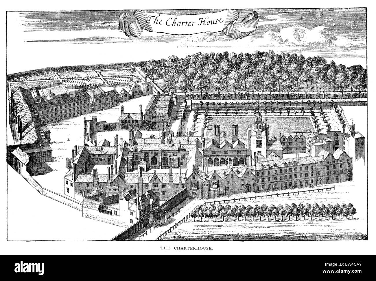 La certosa ospedale e scuola di Godalming Surrey, circa 1775; Bianco e Nero illustrazione; Foto Stock