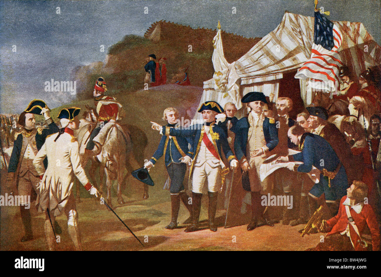 General George Washington è mostrato qui con le sue truppe prima della battaglia di Yorktown nell'autunno del 1781. Foto Stock