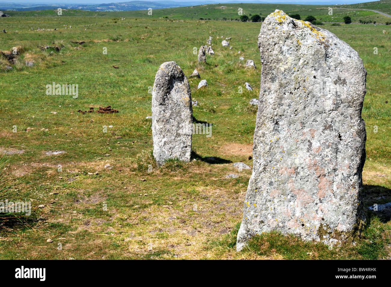 Dartmoor merrivale antico in pietra righe e percorsi Foto Stock