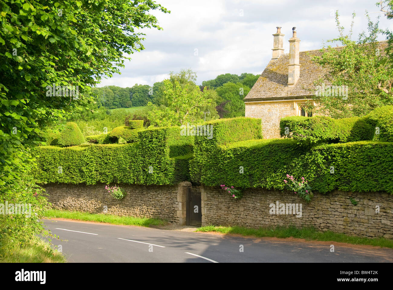 A casa con un giardino hedge su una parete, ampio Campden, Cotswolds, Cotswold, Gloucestershire, England, Regno Unito, Europa Foto Stock