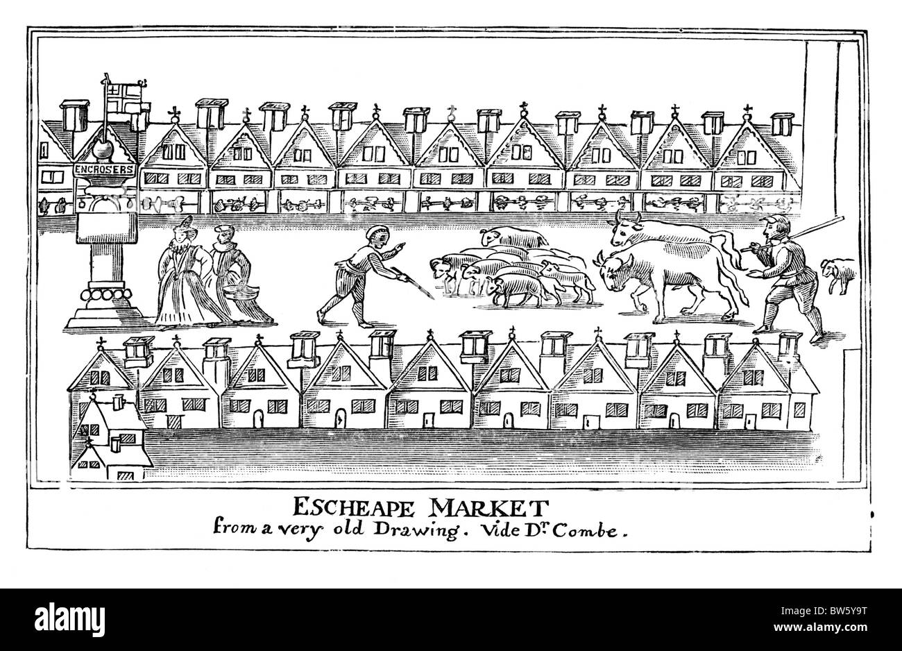 Oriente a buon mercato o mercato Eastcheap, Londra circa 1598; Bianco e Nero illustrazione; Foto Stock