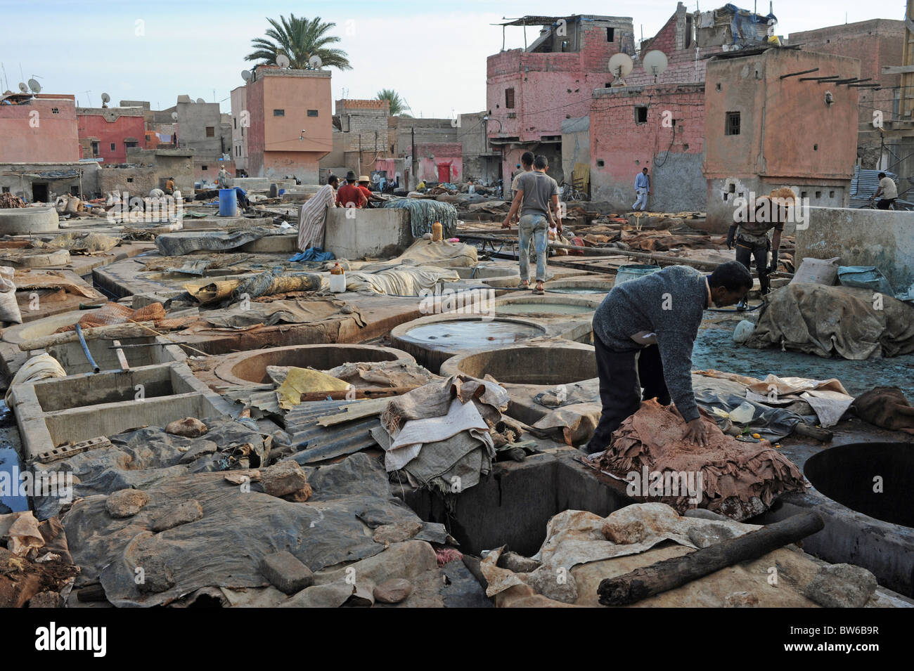 Marrakech marocco - Lavoratori in cuoio concerie nella periferia della Medina o antica città murata area di Marrakech Foto Stock