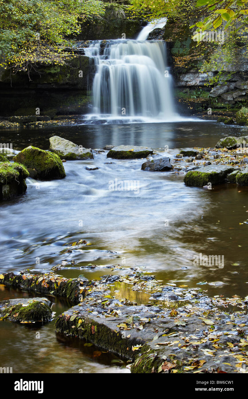 La cascata principale di West Burton cade in Wensleydale, Yorkshire Foto Stock