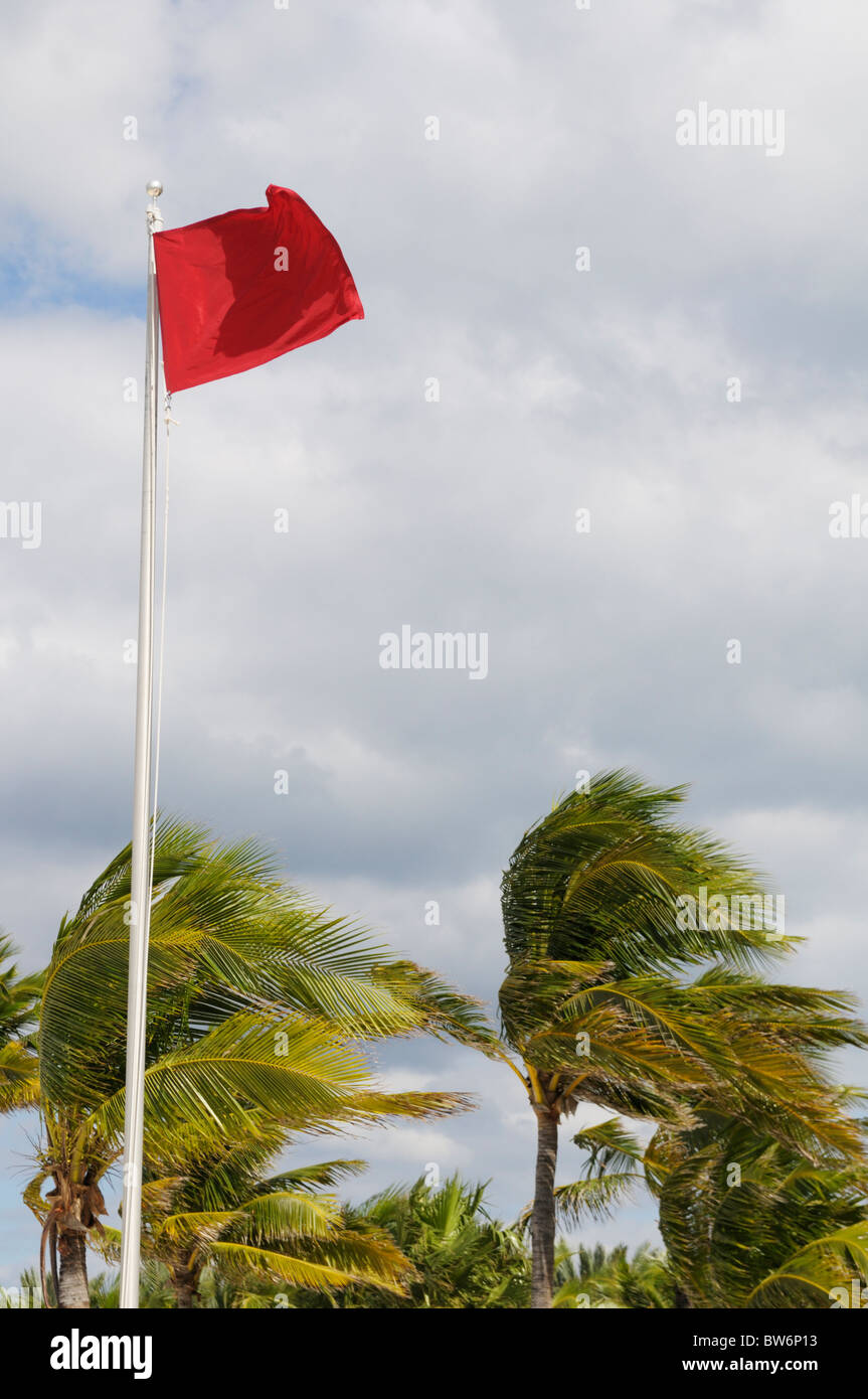 Red Flag di attenzione ad una spiaggia caraibica durante alta venti dall'uragano che si stava avvicinando Tomas Foto Stock