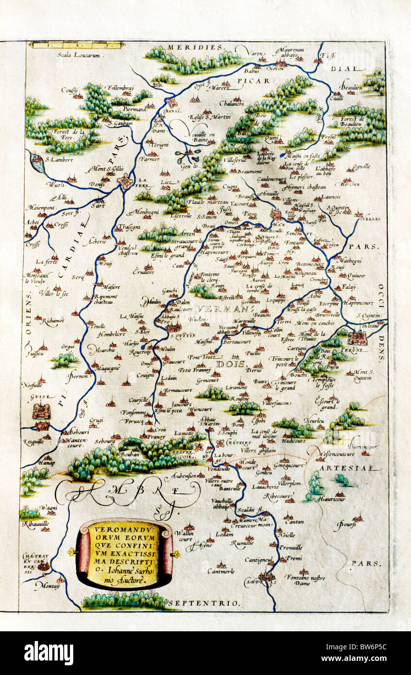 Theatrum Orbis Terrarum, 1570 da Abraham Ortelius, dettaglio della regione Piccardia Francia mondo antico Atlas cartografia antica mappa mappe Foto Stock