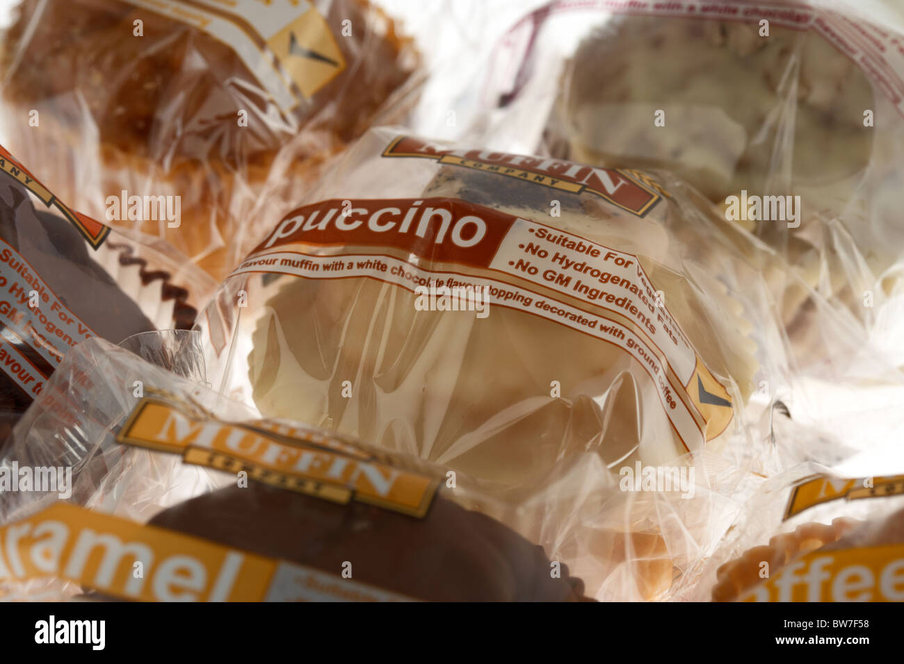 Pre-confezionato prodotto di massa e rabboccato muffin di confezionamento Foto Stock