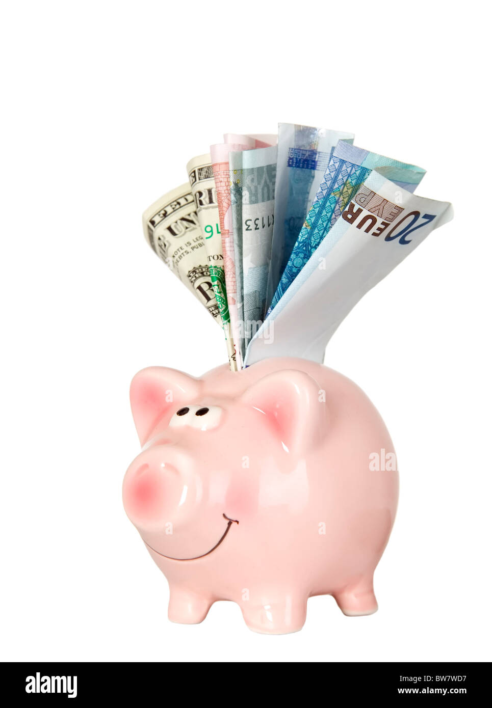 Salvataggio di maiale è sorridente e piedi con denaro Foto Stock