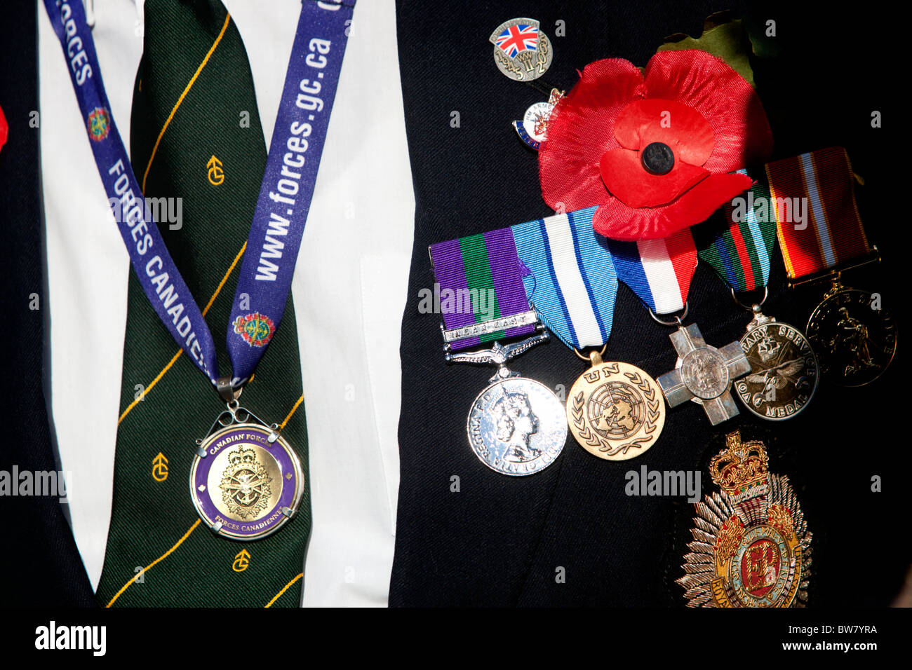 Close-up di una serie di medaglie appuntato alla camicia di un uomo in Seaford, East Sussex, Regno Unito. Foto Stock