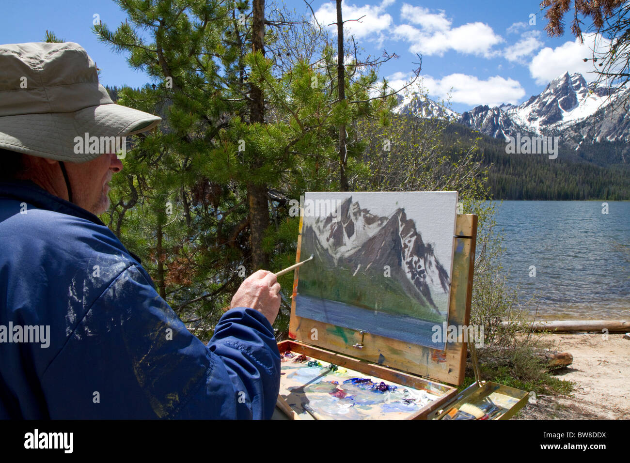 La pittura dell'artista McGown picco e Stanley lago nel dente di sega a catena montuosa vicino a Stanley, Idaho, Stati Uniti d'America. Foto Stock