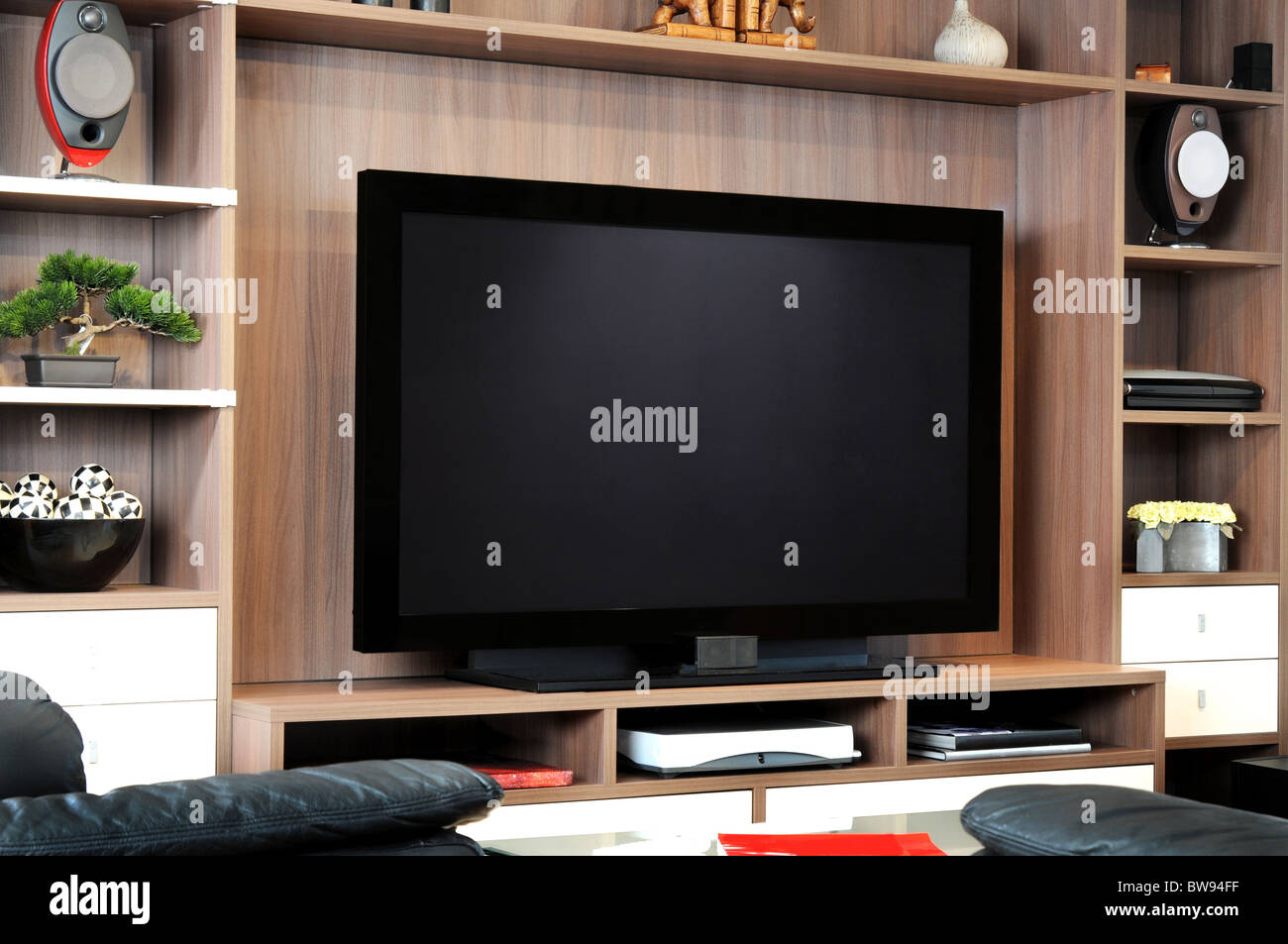 Una grande TV a schermo piatto nella scaffalatura nella lounge Foto Stock