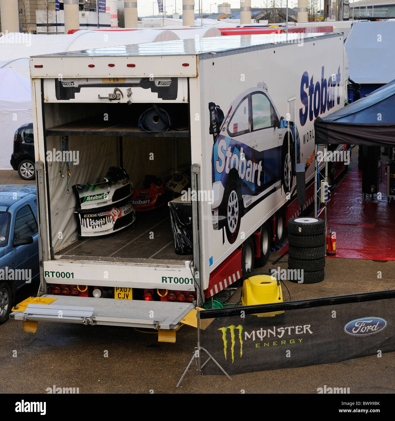 Stobart motor sport carrello con parti di macchina memorizzate internamente Foto Stock