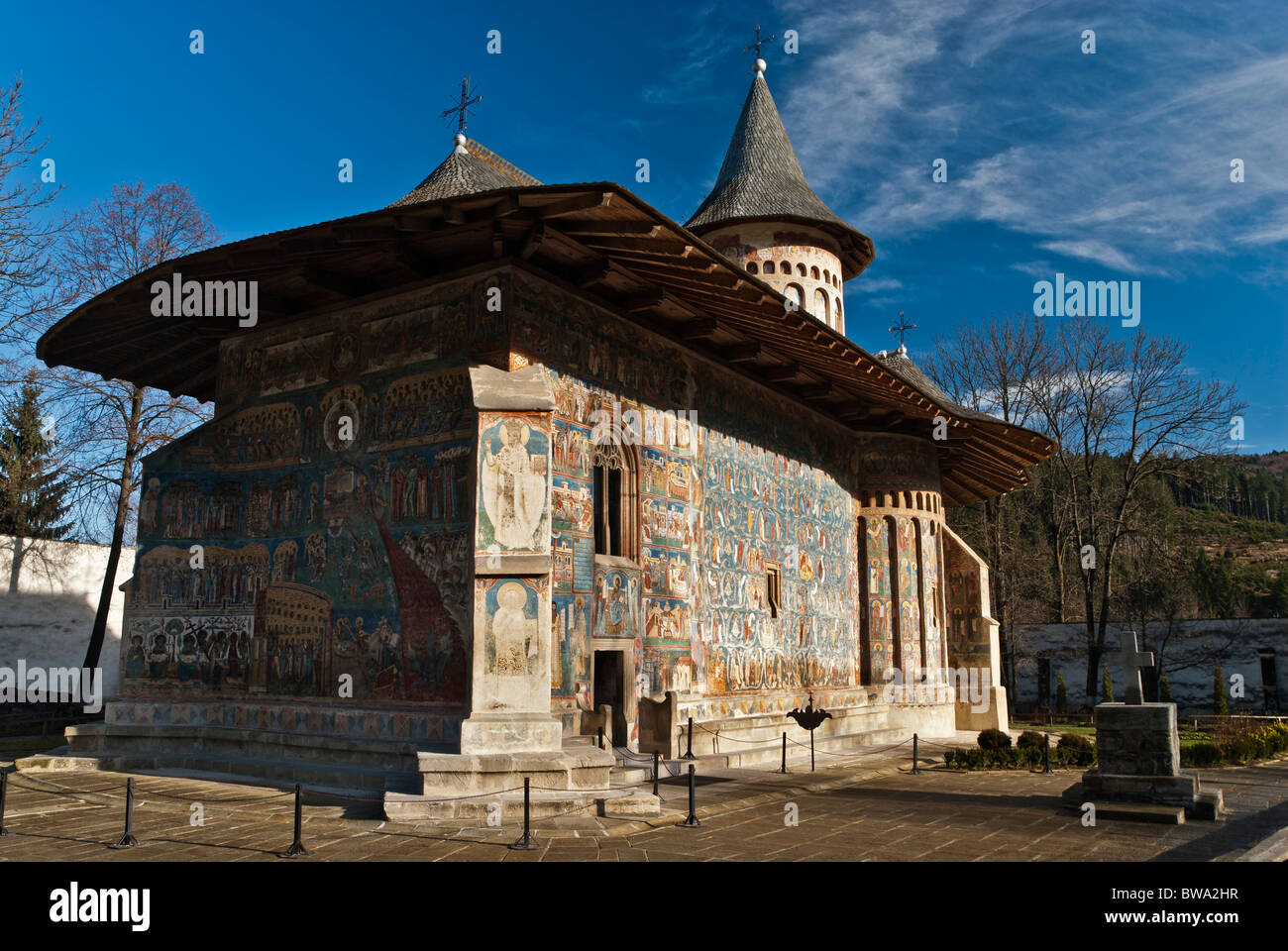 Voronet. Uno dei monasteri dipinti della Bucovina, la Romania, l'Europa. Foto Stock